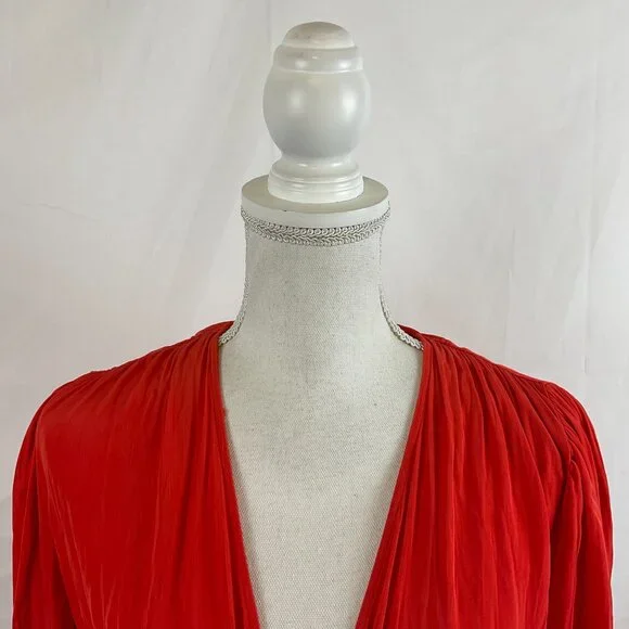 Wilfred Tie Top S Cherry Orange-Red Pucker Pleats Long Sleeve - Picture 2 of 11